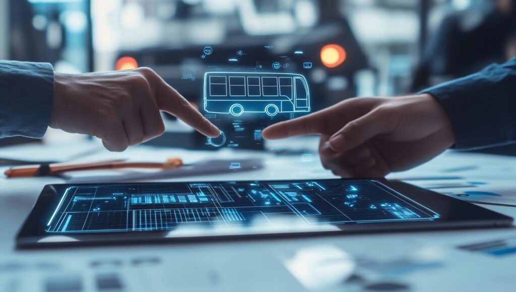 Deux mains utilisant une tablette numérique affichant une icône de bus, illustrant la planification et les technologies du transport