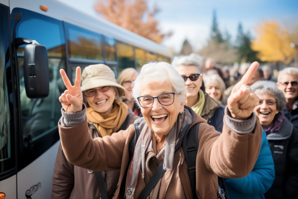 Groupe de personnes âgées souriantes se tenant près d’un bus, prêtes à embarquer