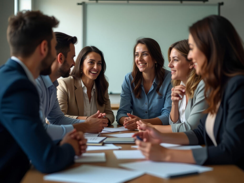 Équipe souriante en réunion dynamique, échangeant et collaborant dans une ambiance positive