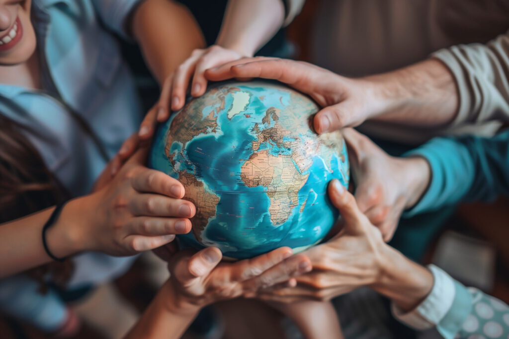 Plusieurs mains d’âges et origines différentes tenant ensemble un globe terrestre, symbole d'unité