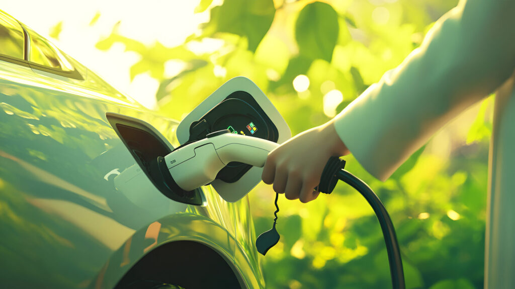 Gros plan sur une prise de recharge de voiture électrique branchée